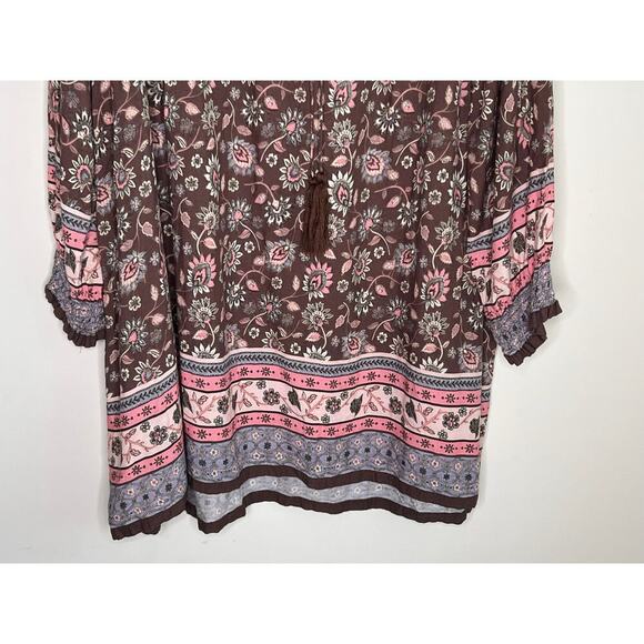 Natural Life Floral Long Sleeve V-Neck Boho Mini Tunic Dress  Brown Womens Large - Picture 3 of 9